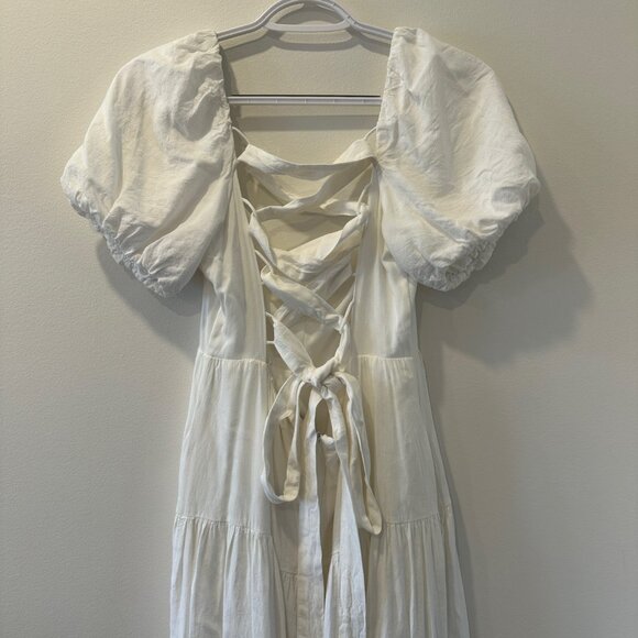 Lulus Favorite Cutie White Linen Lace-Up Midi Dress With Pockets Size Large - Picture 3 of 6